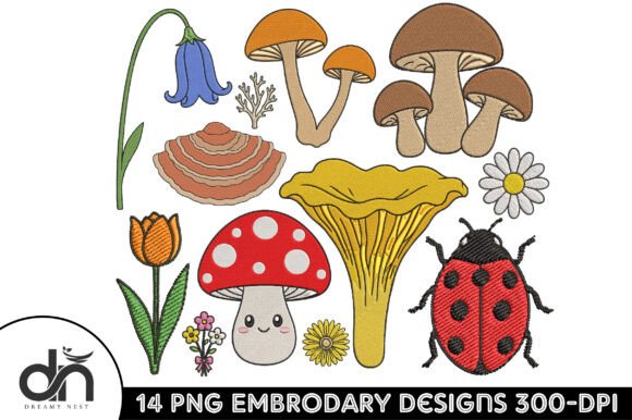 Charming 14 Tiny Mushroom Floral Embroidery PNG