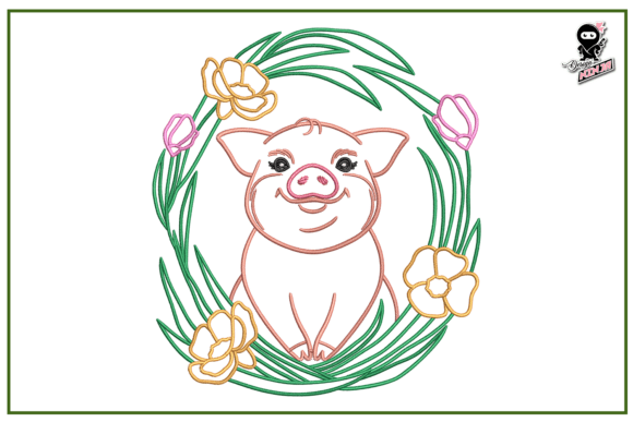Charming Baby Pig in Floral Wreath