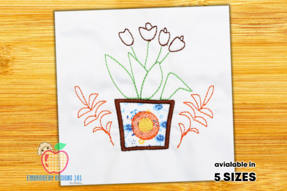 Charming Designed Pot of Flowers Embroidery