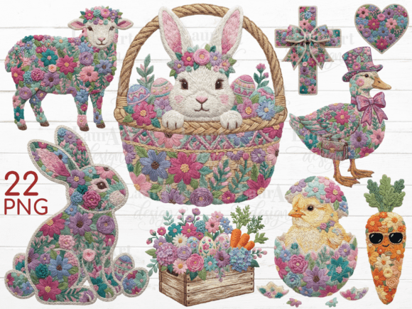 Charming Faux Embroidery Floral Easter Clipart