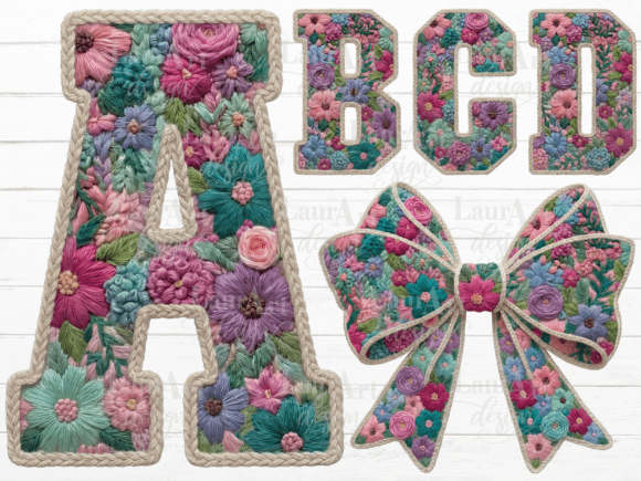Faux Embroidery Floral Alphabet Bow PNG